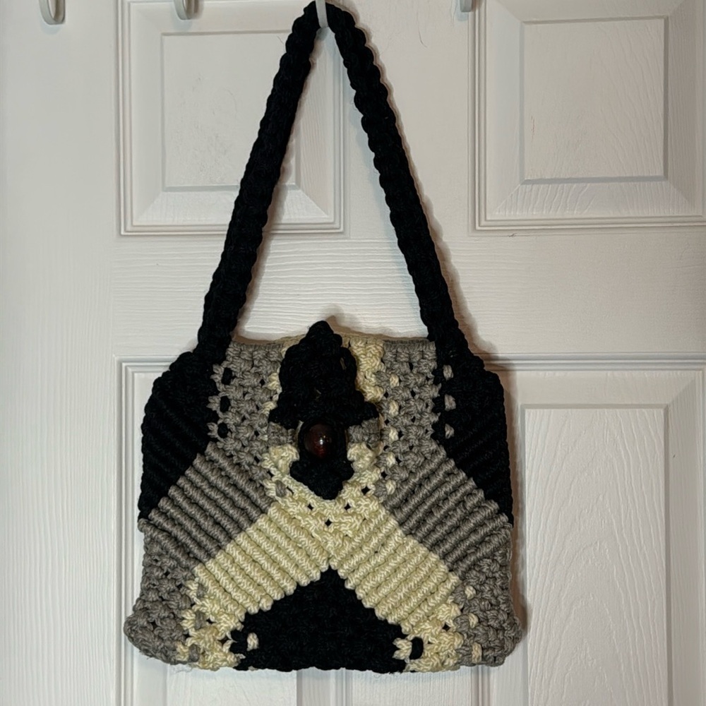 Vintage Handmade MacramΓ© Purse Double Straps Lined Retro 70βs